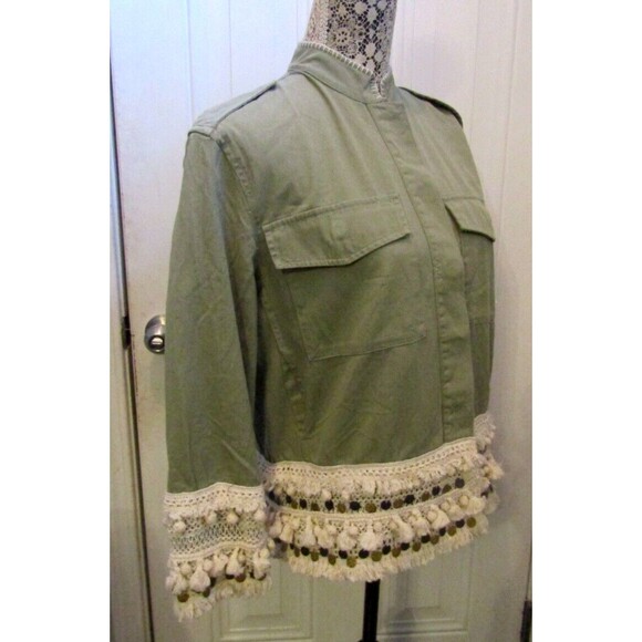Zara Utility Jacket Tassel Pom Crochet Fringe Boho Coins Green Womens Size M - Picture 6 of 10